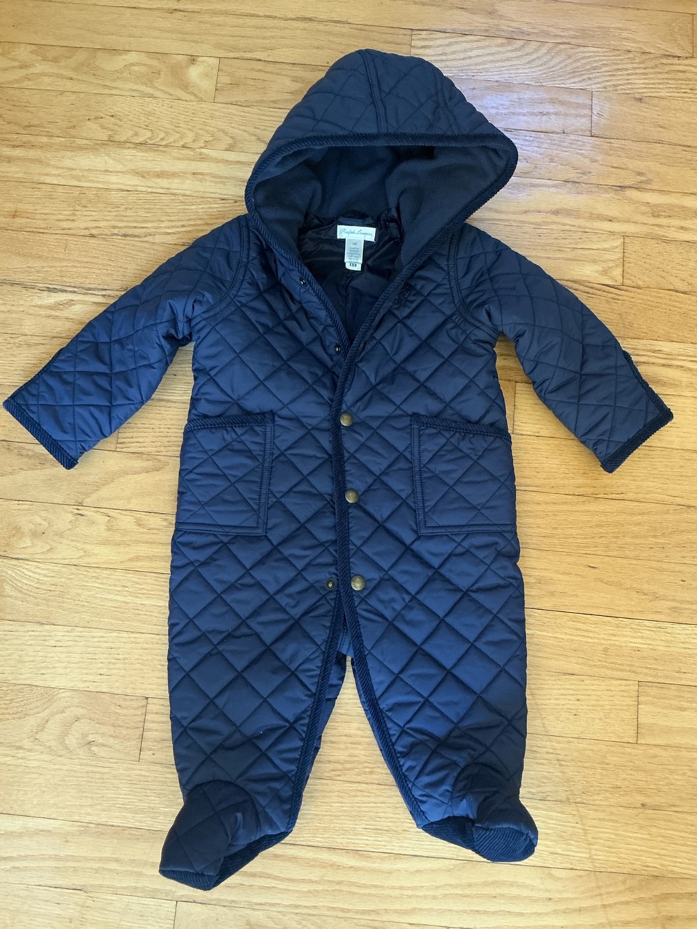 Ralph Lauren Navy Quilted Hooded Baby One-Piece 6 months